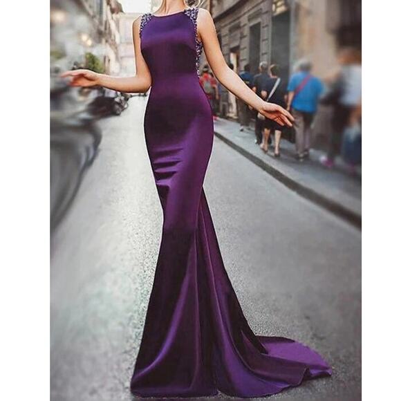 Lunss Couture Purple Elegant Fit and Flare Illusion Back Dress Size Medium - Picture 1 of 16